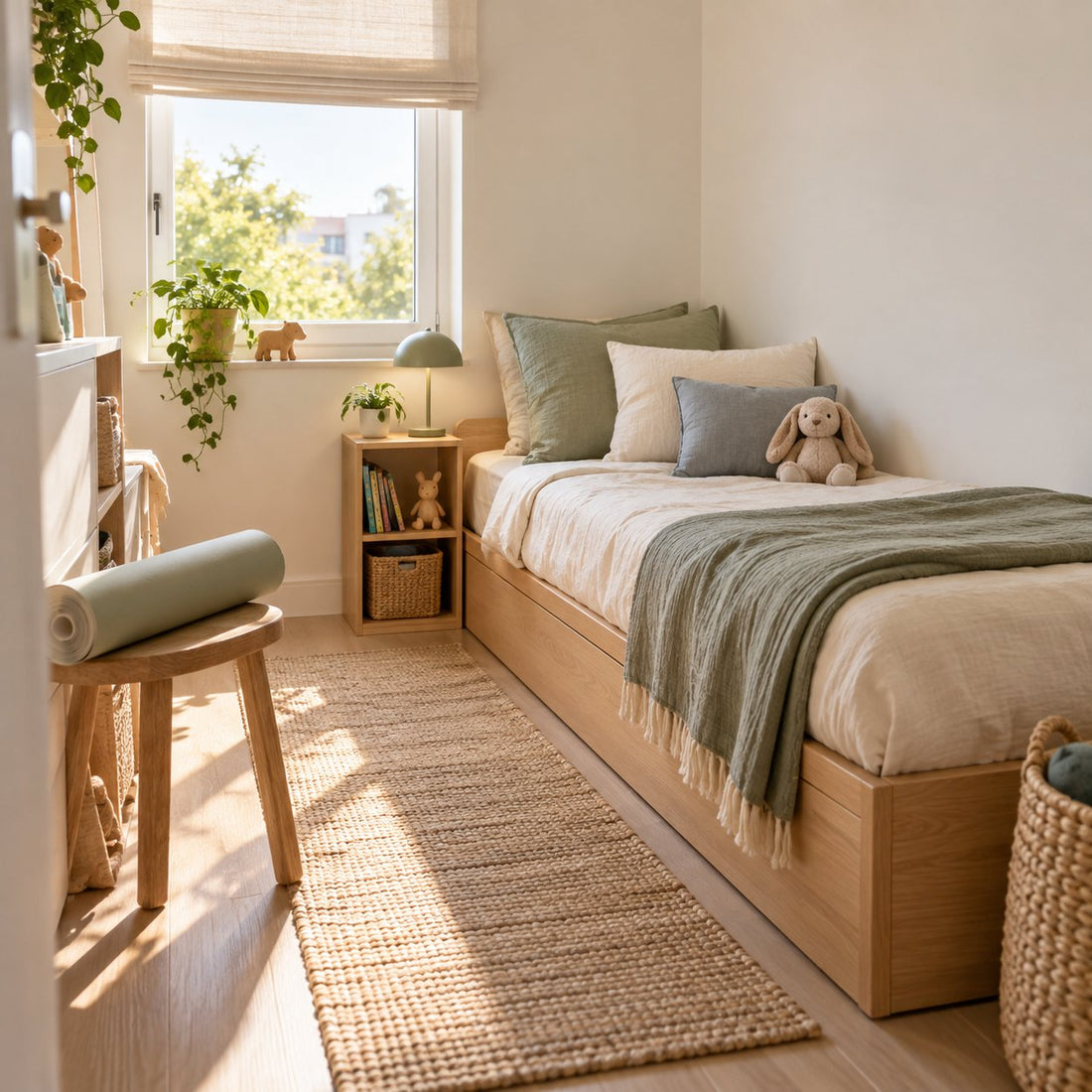 Cuarto infantil pequeño con cama junto a la pared, muebles de madera y textiles claros.