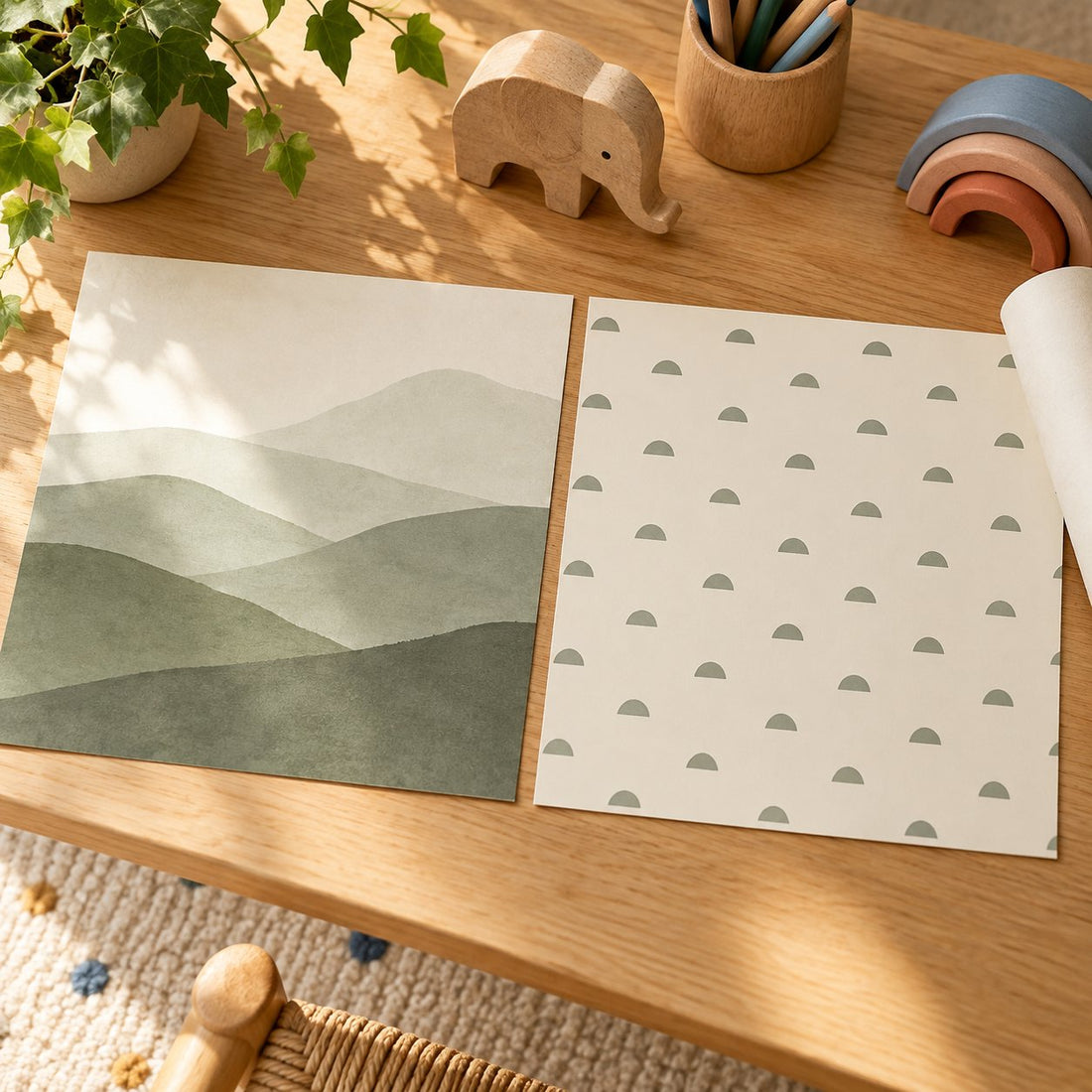 Dos muestras ilustrativas: una composición de paisaje continuo y un patrón de formas repetidas.