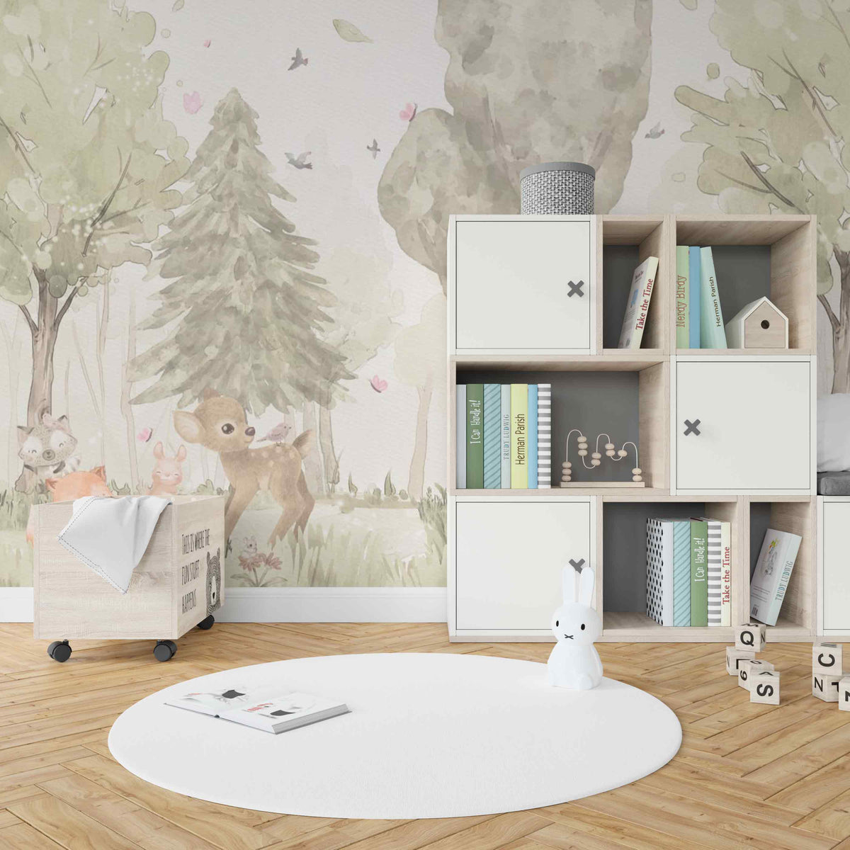 Mural decorativo infantil de bosque en acuarela con cervatillo, zorro y conejo en tonos verde salvia y beige – CVVinilos