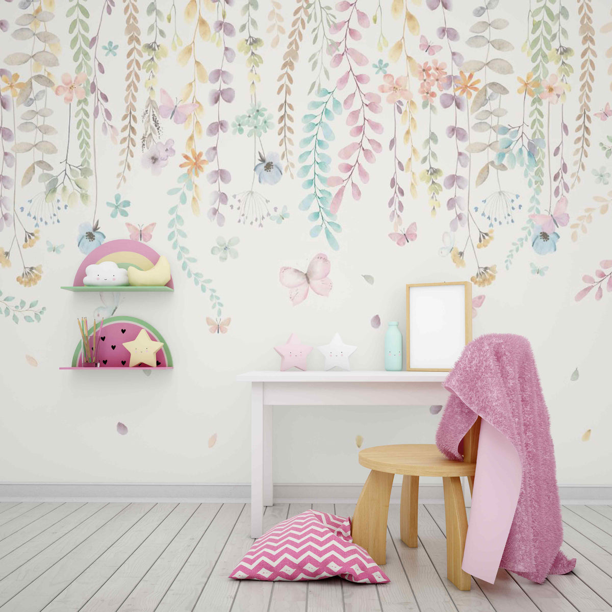 Mural Lluvia de Flores instalado en dormitorio